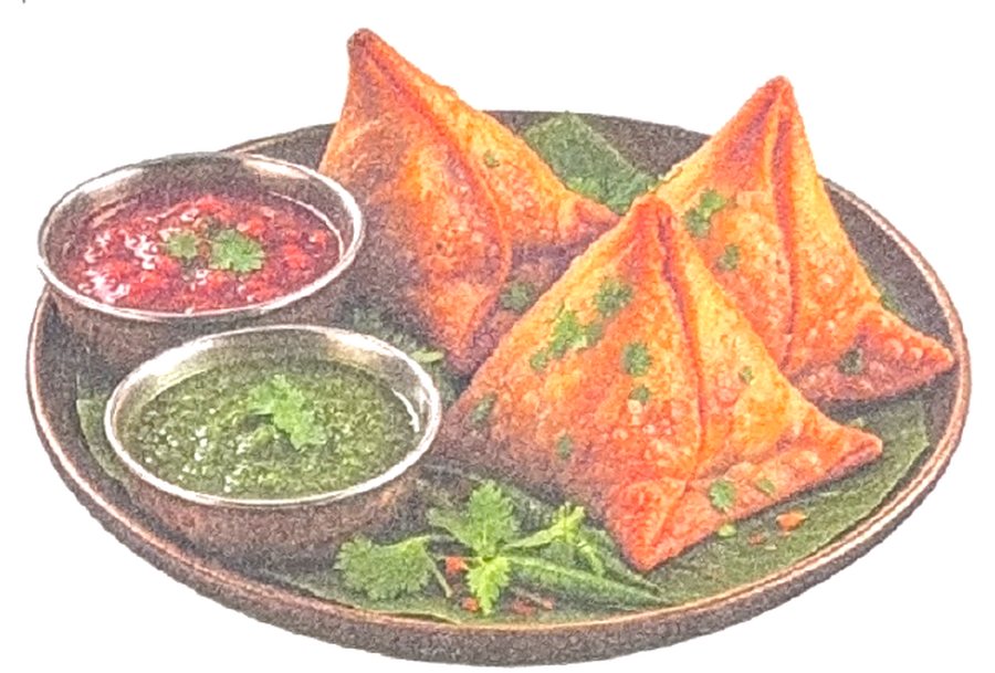 Three samosas on a brass plate with mint and tamarind chutneys
